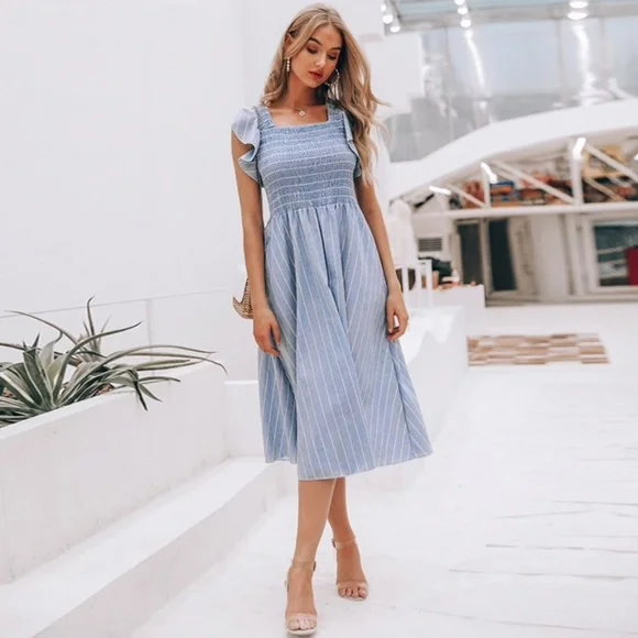 Denim Blue flutter sleeve Sun Dress - Picture 3 of 14